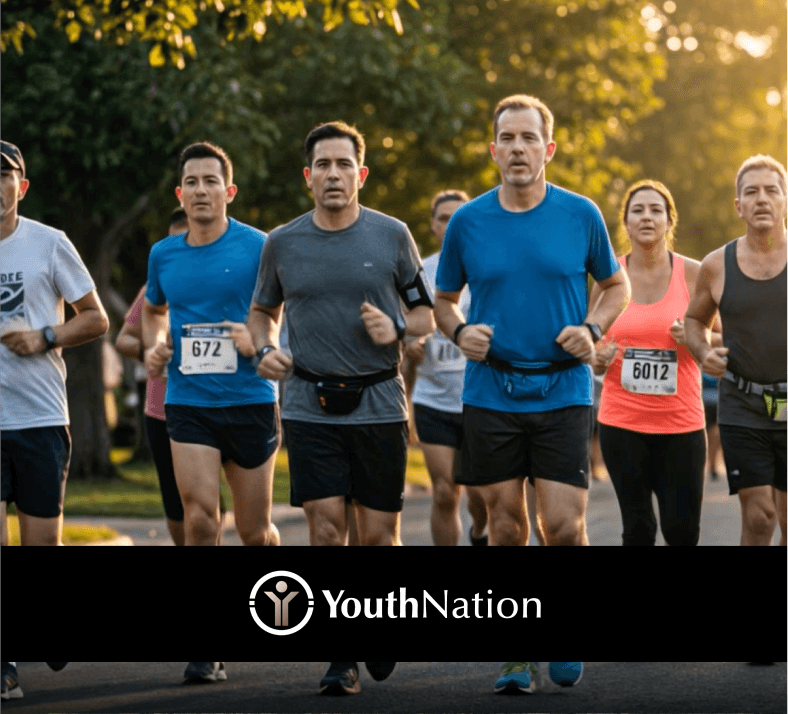 A group of diverse young runners competing in a race, with the phrase "Youth Nation" prominently displayed.